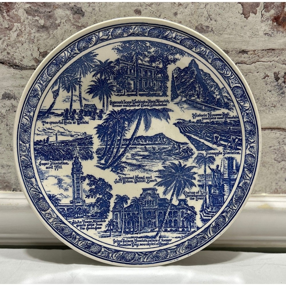 Vernon Kilns Honolulu Hawaii Souvenir Plate Blue Transferware Vintage 10.5 inch
